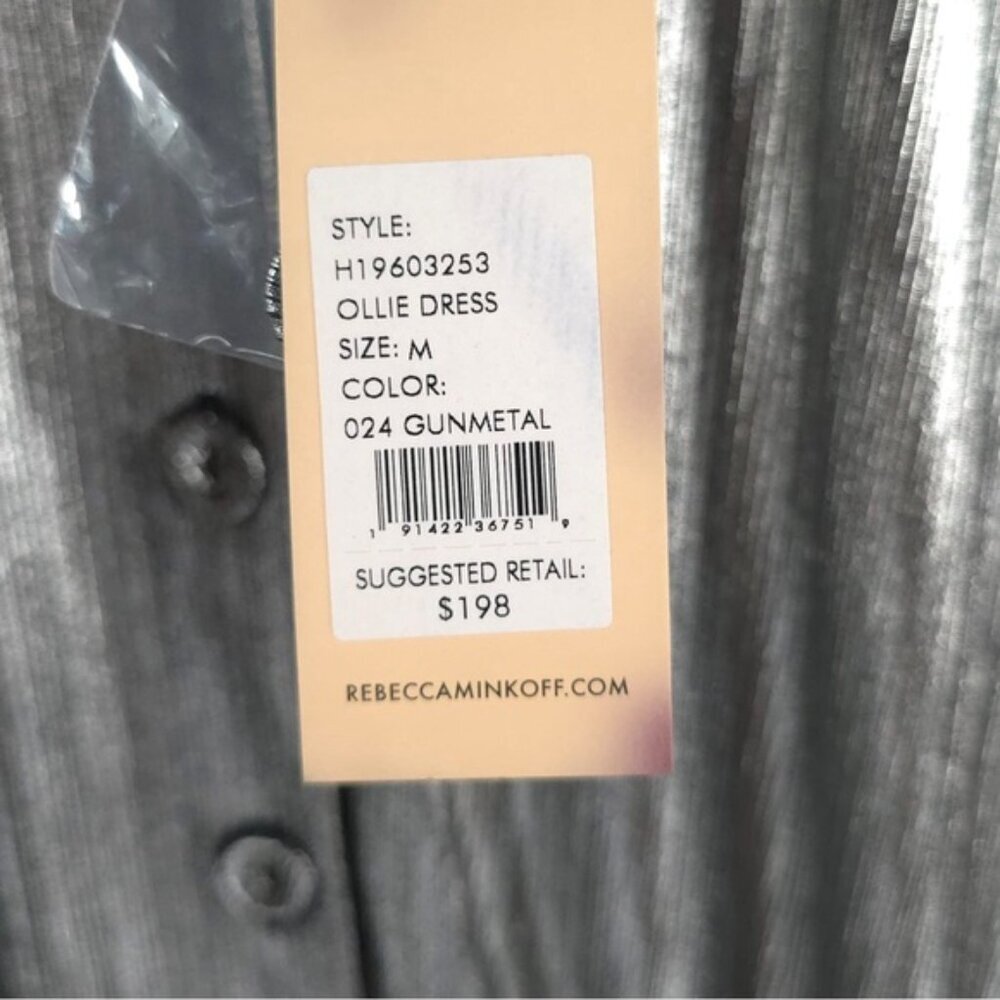 NWT REBECCA MINKOFF OLLIE Gray Silver GUNMETAL Shiny Button Mini Dress MEDIUM - Picture 16 of 16